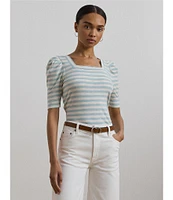 Lauren Ralph Lauren Cotton Jersey Striped Square Neck Short Puff Sleeve Top