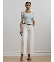 Lauren Ralph Lauren Cotton Jersey Striped Square Neck Short Puff Sleeve Top