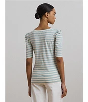 Lauren Ralph Lauren Cotton Jersey Striped Square Neck Short Puff Sleeve Top
