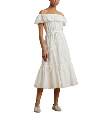 Lauren Ralph Lauren Cotton Voile Off-The-Shoulder Midi A-Line Dress