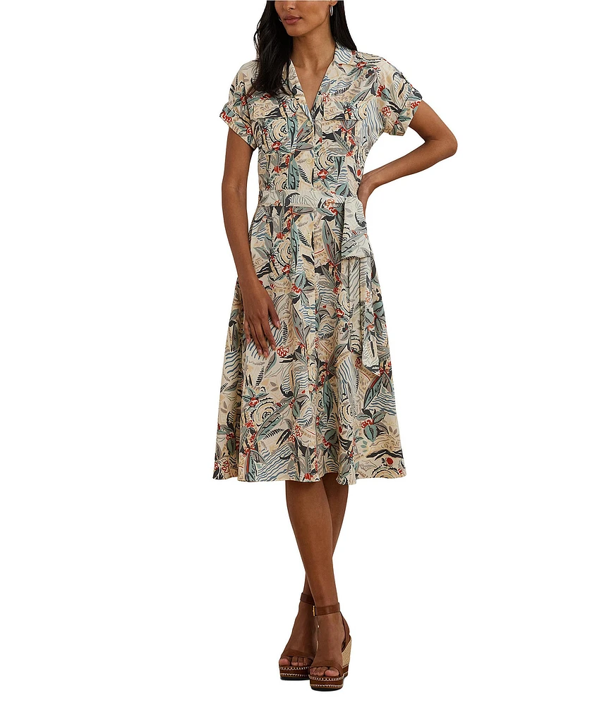 Lauren Ralph Lauren Crepe de Chine Abstract Print Camp Collar Short Sleeve Belted Shirt Dress