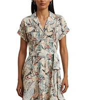Lauren Ralph Lauren Crepe de Chine Abstract Print Camp Collar Short Sleeve Belted Shirt Dress