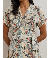Lauren Ralph Lauren Crepe de Chine Abstract Print Camp Collar Short Sleeve Belted Shirt Dress