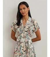 Lauren Ralph Lauren Crepe de Chine Abstract Print Camp Collar Short Sleeve Belted Shirt Dress