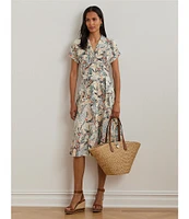 Lauren Ralph Lauren Crepe de Chine Abstract Print Camp Collar Short Sleeve Belted Shirt Dress