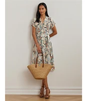 Lauren Ralph Lauren Crepe de Chine Abstract Print Camp Collar Short Sleeve Belted Shirt Dress