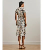 Lauren Ralph Lauren Crepe de Chine Abstract Print Camp Collar Short Sleeve Belted Shirt Dress