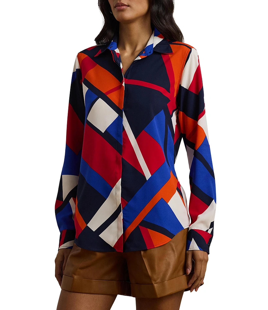 Lauren Ralph Lauren Crepe de Chine Abstract Print Point Collar Long Sleeve Button-Front Shirt