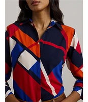 Lauren Ralph Lauren Crepe de Chine Abstract Print Point Collar Long Sleeve Button-Front Shirt