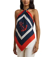 Lauren Ralph Lauren Crepe De Chine Anchor Print Rope Halter Neck Sleeveless V-Hem Blouse