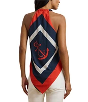 Lauren Ralph Lauren Crepe De Chine Anchor Print Rope Halter Neck Sleeveless V-Hem Blouse