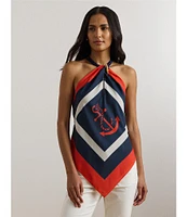 Lauren Ralph Lauren Crepe De Chine Anchor Print Rope Halter Neck Sleeveless V-Hem Blouse