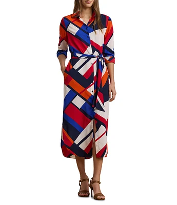 Lauren Ralph Lauren Crepe de Chine Printed Point Collar Long Sleeve Button-Front Self-Tie Waist Midi Shirtdress