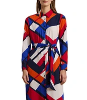 Lauren Ralph Lauren Crepe de Chine Printed Point Collar Long Sleeve Button-Front Self-Tie Waist Midi Shirtdress