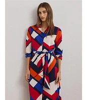 Lauren Ralph Lauren Crepe de Chine Printed Point Collar Long Sleeve Button-Front Self-Tie Waist Midi Shirtdress