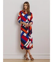 Lauren Ralph Lauren Crepe de Chine Printed Point Collar Long Sleeve Button-Front Self-Tie Waist Midi Shirtdress