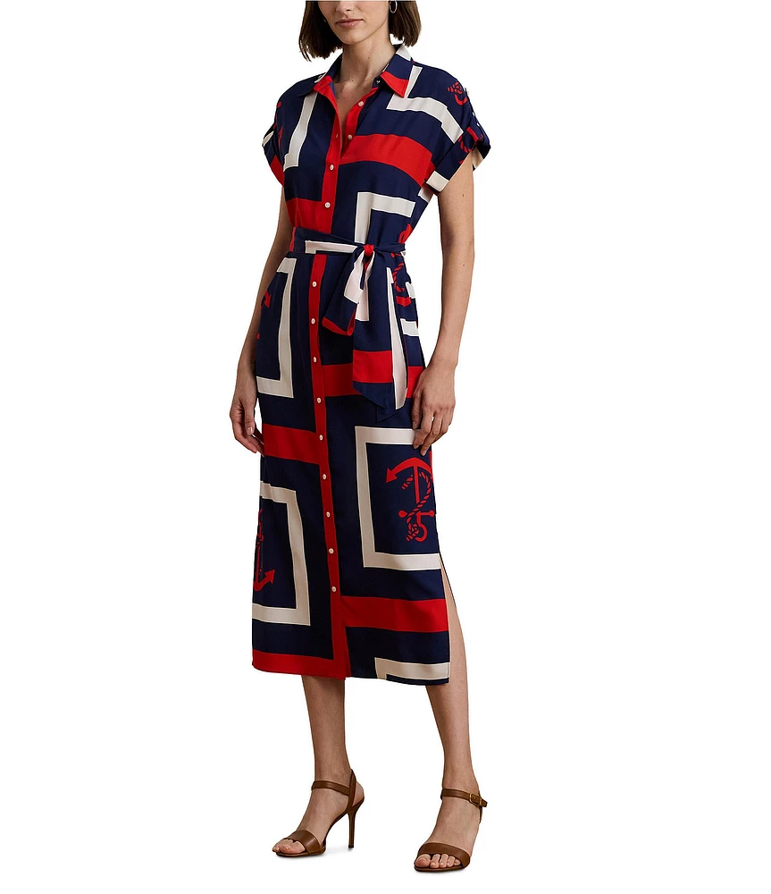 Lauren Ralph Lauren Crepe de Chine Printed Point Collar Short Sleeve Belted Shirtdress