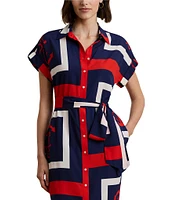 Lauren Ralph Lauren Crepe de Chine Printed Point Collar Short Sleeve Belted Shirtdress