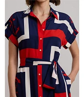 Lauren Ralph Lauren Crepe de Chine Printed Point Collar Short Sleeve Belted Shirtdress