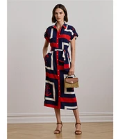 Lauren Ralph Lauren Crepe de Chine Printed Point Collar Short Sleeve Belted Shirtdress