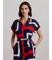 Lauren Ralph Lauren Crepe de Chine Printed Point Collar Short Sleeve Belted Shirtdress