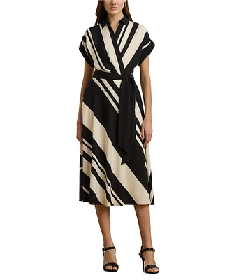 Lauren Ralph Lauren Crepe Striped Spread Collar Short Sleeve Belted A-Line Dress