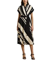 Lauren Ralph Lauren Crepe Striped Spread Collar Short Sleeve Belted A-Line Dress
