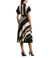 Lauren Ralph Lauren Crepe Striped Spread Collar Short Sleeve Belted A-Line Dress