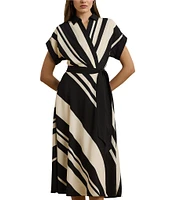 Lauren Ralph Lauren Crepe Striped Spread Collar Short Sleeve Belted A-Line Dress