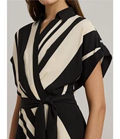 Lauren Ralph Lauren Crepe Striped Spread Collar Short Sleeve Belted A-Line Dress