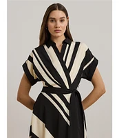 Lauren Ralph Lauren Crepe Striped Spread Collar Short Sleeve Belted A-Line Dress