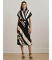 Lauren Ralph Lauren Crepe Striped Spread Collar Short Sleeve Belted A-Line Dress