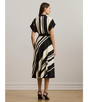 Lauren Ralph Lauren Crepe Striped Spread Collar Short Sleeve Belted A-Line Dress