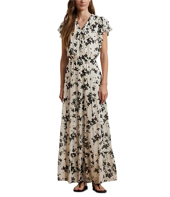 Lauren Ralph Lauren Crinkle Georgette Floral Print V-Neck Cap Sleeve Maxi A-Line Dress