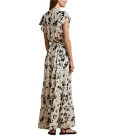 Lauren Ralph Lauren Crinkle Georgette Floral Print V-Neck Cap Sleeve Maxi A-Line Dress
