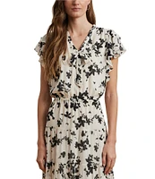 Lauren Ralph Lauren Crinkle Georgette Floral Print V-Neck Cap Sleeve Maxi A-Line Dress