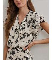 Lauren Ralph Lauren Crinkle Georgette Floral Print V-Neck Cap Sleeve Maxi A-Line Dress