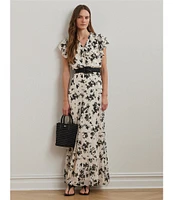 Lauren Ralph Lauren Crinkle Georgette Floral Print V-Neck Cap Sleeve Maxi A-Line Dress