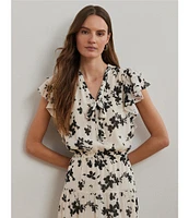 Lauren Ralph Lauren Crinkle Georgette Floral Print V-Neck Cap Sleeve Maxi A-Line Dress