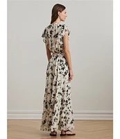 Lauren Ralph Lauren Crinkle Georgette Floral Print V-Neck Cap Sleeve Maxi A-Line Dress