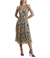 Lauren Ralph Lauren Crinkle Georgette Floral Print V-Neck Cap Sleeve Midi A-Line Dress