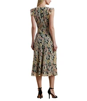 Lauren Ralph Lauren Crinkle Georgette Floral Print V-Neck Cap Sleeve Midi A-Line Dress