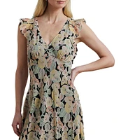Lauren Ralph Lauren Crinkle Georgette Floral Print V-Neck Cap Sleeve Midi A-Line Dress