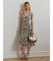 Lauren Ralph Lauren Crinkle Georgette Floral Print V-Neck Cap Sleeve Midi A-Line Dress