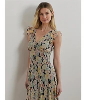 Lauren Ralph Lauren Crinkle Georgette Floral Print V-Neck Cap Sleeve Midi A-Line Dress
