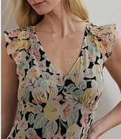 Lauren Ralph Lauren Crinkle Georgette Floral Print V-Neck Cap Sleeve Midi A-Line Dress