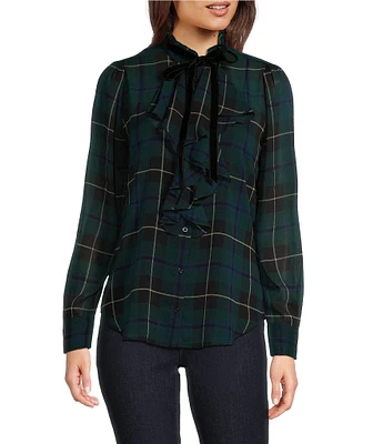 Lauren Ralph Lauren Crinkle Georgette Plaid Motif Ruffle Band Collar Button Front Shirt