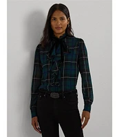 Lauren Ralph Lauren Crinkle Georgette Plaid Motif Ruffle Band Collar Button Front Shirt