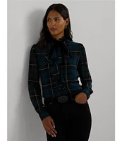 Lauren Ralph Lauren Crinkle Georgette Plaid Motif Ruffle Band Collar Button Front Shirt