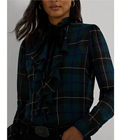 Lauren Ralph Lauren Crinkle Georgette Plaid Motif Ruffle Band Collar Button Front Shirt